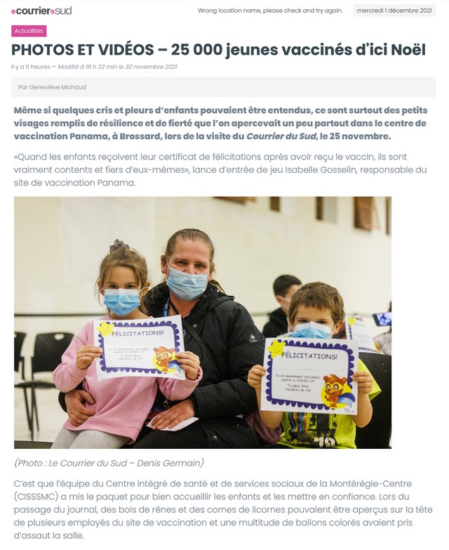 Le Courrier du Sud Canada - 30 novembre 2021 - 25 000 jeunes vaccinés