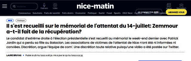 Nice-Matin 26 janvier 2022 - Zemmour récupération