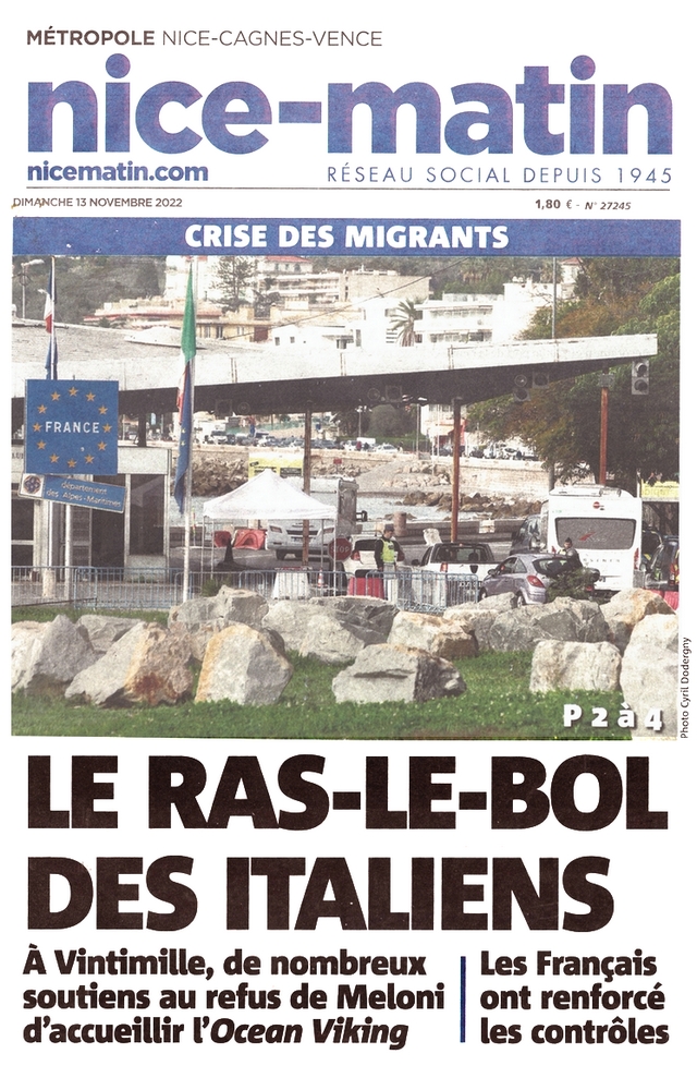 Nice-Matin - 13 novembre 2022 - Migrants Toulon Italie
