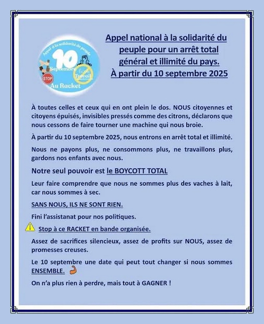Appel national solidarité Peuple Arrêt total illimité Appel national solidarité Peuple Arrêt total illimité