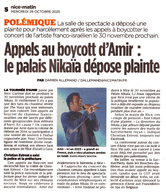 Nice-Matin - 29 octobre 2025 - Boycott Amir
